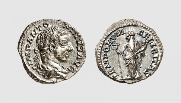 Empire. Elagabalus. Rome. AD 219-220. AR Denarius (3.41g, 6h). Cohen 282; RIC 150. Old cabinet tone. A lovely coin. Choice extremely fine. From a private collection; Tradart 1995 (5) lot 209; Gerhard Hirsch 1987 (154) lot 588