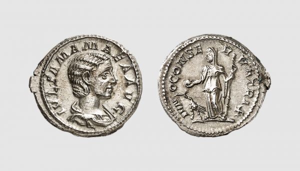 Empire. Julia Mamaea. Rome. AD 222. AR Denarius (3.51g, 12h). Cohen 35; RIC 343. Old cabinet tone. Struck on a broad flan. Good very fine. From a private collection, acquired from Tradart, Brussels, 1977