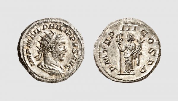 Empire. Philip I. Rome. AD 247. AR Antoninianus (4.53g, 6h). Cohen 124; RIC 3. Old cabinet tone. Choice extremely fine. From a private collection; Tradart 1994 (4) lot 237