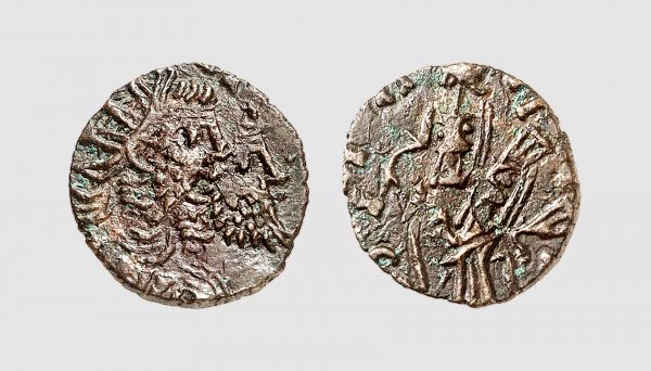 Empire. Postumus. Gaul. Late 3rd century AD. Æ Quinarius (1.19g, 3h). Barbarous imitation from an irregular mint. Very rare. Charming brown patina. Good very fine. From a private collection