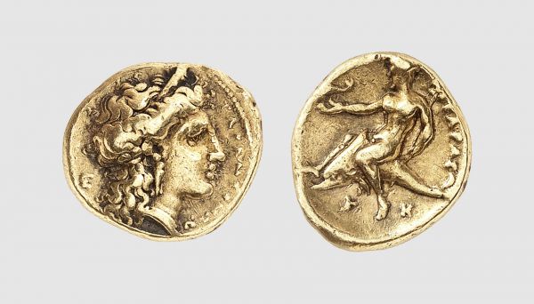 Calabria. Tarentum. Alexander the Molossian. 334-332 BC. AV Hemistater (4.21g, 3h). Fischer-Bossert G7.y (this coin); Kraay-Hirmer 317. Very rare. Old cabinet tone. A work of a talented artist. Good very fine. From a private collection; Numismatik Lanz 1984 (30) lot 43; Münzen & Medaillen 1953 (11) lot 28; former Count Alessandro Magnaguti (1887-1966) collection, Santamaria 1949 (12 October) lot 144