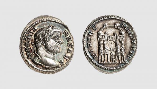 Empire. Maximianus. Treveri. AD 294. AR Argenteus (2.51g, 6h). Cohen 622a; RIC 102b. Old cabinet tone. Struck on a broad flan. Choice extremely fine. From a private collection, acquired from Tradart, Brussels, 2002