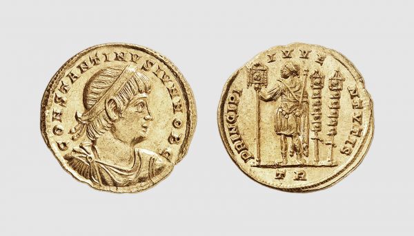 Empire. Constantine II. Treveri. AD 335-336. AV Solidus (4.42g, 6h). Cohen 149; RIC 573. Lightly toned. Lovely portrait. Choice extremely fine. From a private collection; former Nelson Bunker Hunt (1926-2014) collection, Sotheby’s 1991 (19 June) lot 945