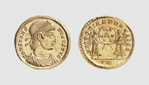 Empire. Constans. Treveri. AD 347-348. AV Solidus (4.23g, 6h). Cohen 171; RIC 129. Lightly toned. Superb extremely fine. From a private collection, acquired from Tradart, Brussels, 1998