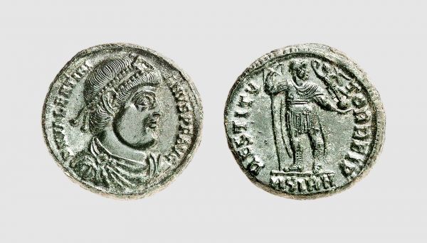 Empire. Valentinian. Sirmium. AD 364. Æ Nummus (2.87g, 6h). RIC 6a; Tradart 5.98 (this coin). Charming dark green patina. Choice extremely fine. From a private collection; Tradart 1992 (2) lot 279; Numismatic Fine Arts 1988 (20) lot 559