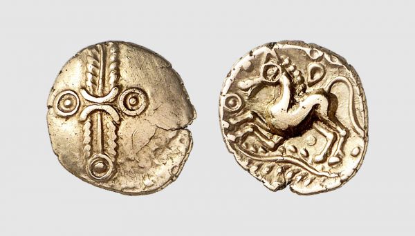 Britannia. Trinovantes. Dubnovellaunos. 30-25 BC. AV 1/4 Stater (1.29g, 6h). SCBC 208; VA 1660.1. Lightly toned. Minor flan crack, otherwise, choice extremely fine. From a private collection, acquired from Arnumis (Anne Demeester), Brussels, 1998