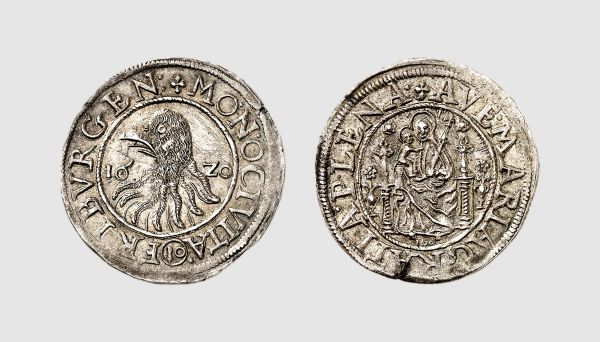 Europe. Germany. Freiburg im Bresgau. 1620. AR 10 Kreuzer (3.38g, 3h). Berstett 240. Old cabinet tone. A lovely coin. Choice extremely fine. From a private collection