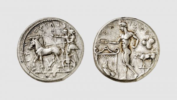 Sicily. Selinus. 450-440 BC. AR Tetradrachm (17.36g, 2h). Gulbenkian 243 (same obverse die); Schwabacher 4. Very rare. Lightly toned. Struck on a full flan and unusually complete. Usual die wear. A remarkable and elaborate depiction of a cult act at Selinus. Choice extremely fine. From a private collection; Giessener Münzhandlung 1986 (33) lot 37
 
 The reverse is a dramatic and symbolic representation of a cult act in honour of the local river-god. He stands holding a branch and bowl, with which he is about to make an offering at the altar. This composition recalls some Greek vase painting. The bull on pedestal suggests that the artist had a real object in mind, as also seems likely in the case of the depiction of the river-god, whose archaic style suggests an actual cult statue. The badge of the city, the selinon or parsley leaf, has been relegated to a small symbol behind the god