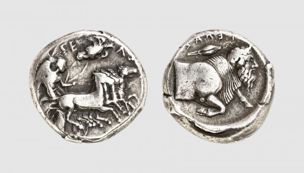 Sicily. Gela. 415-405 BC. AR Tetradrachm (17.02g, 3h). Jenkins 483.32 (this coin); Jameson 191. Very rare. Old cabinet tone. A lovely coin of superb classical style. Good very fine. From a private collection; former Roger Peyrefitte (1907-2000) collection, Jean Vinchon 1974 (29 April) lot 18