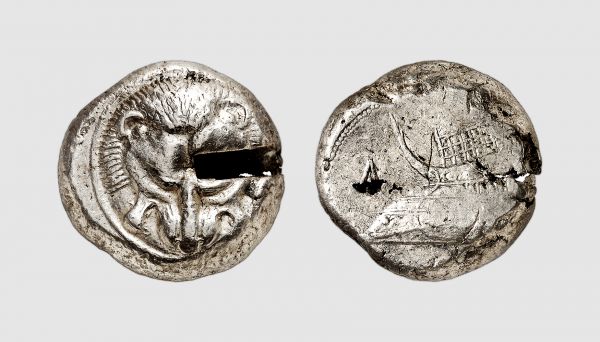 Sicily. Zancle. 491-490 BC. AR Tetradrachm (17.16g, 6h). Barron 12; Cohen 2.1. Very rare. Lightly toned. Ancient test cut on obverse. A coin of great historical interest. Good very fine. From a private collection; possibly from the 1901 Zagazig hoard (IGCH 1945)