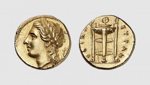 Sicily. Syracuse. Agathokles. 310-305 BC. EL Decadrachm (3.58 g, 6h). Jenkins Group B; SNG Copenhagen 704 (same obverse die). Lightly toned. Perfectly centered and struck. Choice extremely fine. From a private collection; Numismatic Fine Arts 1987 (18) lot 63