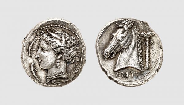 Sicily. Carthaginian occupation. Uncertain mint. 350-320 BC. AR Tetradrachm (17.07g, 1h). Jenkins 170 (these dies); SNG Lockett 1053. Old cabinet tone. Perfectly centered and struck. Choice extremely fine. From a private collection; Numismatica Ars Classica 1997 (10) lot 188