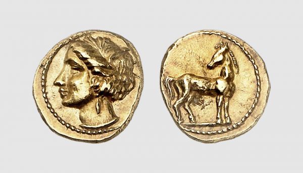 Zeugitana. Carthage. 350-320 BC. AV 1/5 Stater (1.44g, 1h). Jenkins-Lewis 134; SNG Copenhagen 131. Lightly toned. Perfectly centered and struck on a broad flan. Exceptional for issue. Choice extremely fine. From a private collection; Numismatik Lanz 1996 (78) lot 379