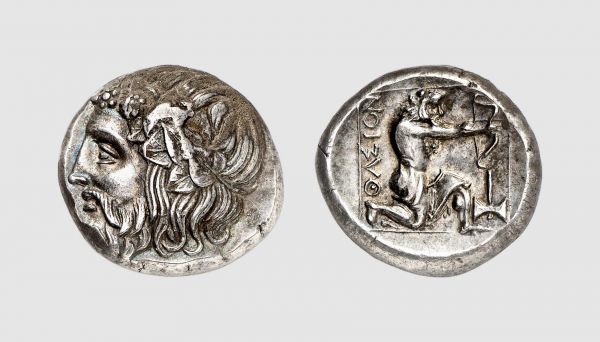 Thrace. Thasos. 390-335 BC. AR Tetradrachm (15.39g, 11h). West 32b; Pixodaros 28a (this coin). Lightly toned. Perfectly centered and struck. Some deposits on obverse. A fascinating coin of enchanting beauty. Choice extremely fine. From a private collection; Münzen & Medaillen 1987 (72) lot 550; from the 1978 Pixodaros hoard (CH 9.421)
 
 Heracles is undoubtedly the most famous of all heroes. He would have accomplished innumerables exploits and nobody would have killed more monsters than him! Although some facial details led to caricature (Epicharmus had already left a memorable portrait of him as a greedy pig eating with creaking jaws), the Ancients did not hesitate to transform the hero obsessed about fights, wounds and excesses, into a master of wiseness and a model of all virtues