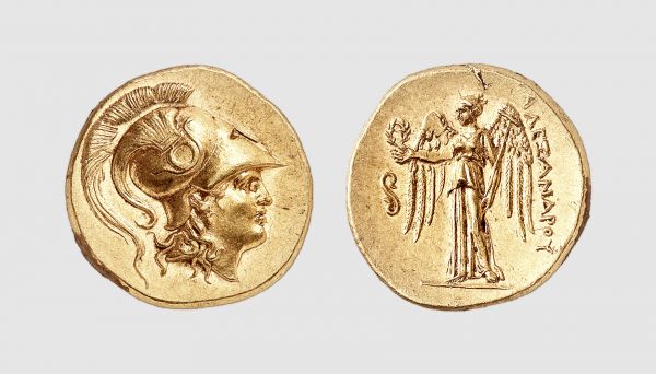 Macedon. Alexander the Great. Lampsacus. 330-320 BC. AV Stater (8.54g, 12h). Müller 620; Price 1368. Lightly toned. Perfectly centered and struck on a broad flan. A coin of great elegance. Superb extremely fine. From a private collection
 
 The coinage of Alexander the Great was the most important currency of the Hellenistic period. The winged figure of Victory on reverse holds a stylis, the upper part of a ship's mast, which indicates victory in a naval battle. As Price has suggested in his monumental catalogue, this victory depiction was supposed to remind the Greeks of the successful battle of Salamis (480 BC) and to give them courage in their fight against the Persian empire