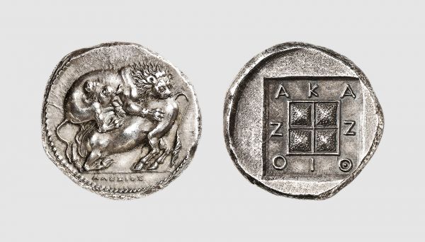 Macedon. Acanthus. 370-360 BC. AR Tetradrachm (14.48g, 10h). Desneux 150 (same dies); Tselekas 394b (this coin). Old cabinet tone. Of superb, late classical style. An outstanding specimen of this desirable issue. Good extremely fine. From a private collection; former Ladislaus von Hoffmann (1927-2014) collection, Sotheby's 1995 (5 July) lot 46
 
 