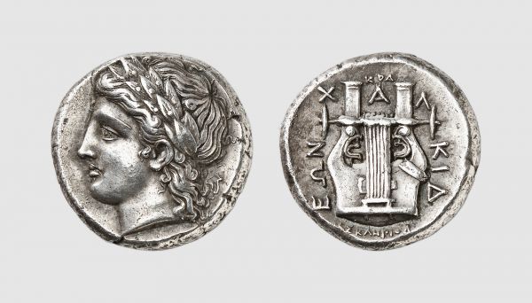 Macedon. Chalcidian league. Olynthus. 358-355 BC. AR Tetradrachm (14.45g, 4h). Kraay-Hirmer 410 (this coin); Robinson-Clement 87. Old cabinet tone. Perfectly centered and struck on a gem-like flan. A coin of great beauty. Superb extremely fine. From a private collection; former Ladislaus von Hoffmann (1927-2014) collection, Sotheby's 1995 (5 July) lot 51; former Ivor Fox-Strangways Guest, 3rd Viscount Wimborne (1939-1993) collection, Sotheby's 1991 (4 April) lot 41; Bank Leu 1975 (13) lot 110; former Charles Gillet (1879-1972) collection; Adolph Hess & Bank Leu 1957 (7) lot 176
 
 One of the most impressive coinages of the fourth century was that of the tetradrachms issued by the Chalcidian league. Their design and style is close to the facing heads of Apollo on the contemporary coins of Amphipolis, a city which the league supported. Its importance for the Macedonian region is considerable, and the beautiful head of Apollo survived on gold coins of Philip II for many decades after the end of the league