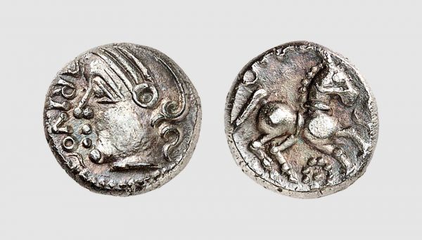 Gallia. Santones. 1st century BC. AR Quinarius (1.91g, 9h). DT 3265; LT 4525. Old cabinet tone. A lovely coin. Choice extremely fine. From a private collection, acquired from Arnumis (Anne Demeester), Brussels, 1996