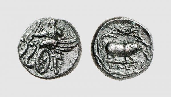 Attica. Eleusis. 350-330 BC. Æ 14 (2.99g, 9h). Laffaille 123 = Strauss 357 (this coin). Very rare. Charming green patina. Perfectly centered and struck. Choice extremely fine. From a private collection; Tradart 1994 (4) lot 60; former Maurice Laffaille (1902-1989) collection, Münzen & Medaillen 1991 (76) lot 357
 
 Eleusis was the only Attic deme which was allowed by Athens (maybe due to its sacred character) to strike coins for the requirements of the famous Eleusinian Festivals; this privilege was apparently granted only for a limited period. Triptolemos was the great hero of the Eleusinian mysteries; he is represented here passing over the lands in his dragon-chariot making man acquainted with the blessings of agriculture