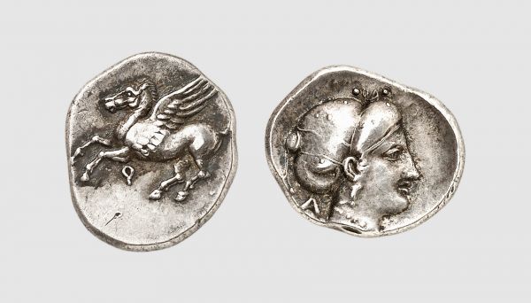 Corinthia. Corinth. 350-320 BC. AR Drachm (2.76g, 3h). BCD 159; SNG Lockett 2164. Old cabinet tone. A lovely coin of particularly fine style. Choice extremely fine. From a private collection; Münzen & Medaillen 1997 (85) lot 91; Münzen & Medaillen 1948 (7) lot 451