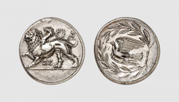 Sicyonia. Sicyon. 335-330 BC. AR Stater (12.21g, 3h). BCD 219; Feirstein 50 (same dies). Lightly toned. Perfectly centered and struck. Insignificant die break on obverse. Superb extremely fine. From a private collection
 
 The Chimera, according to Greek mythology, was a monstrous fire-breathing hybrid Lycian creature, composed of the parts of more than one animal. It is usually depicted as a lion, with the head of a goat protruding from its back, and a tail that might end with a snake's head