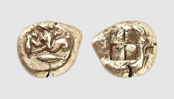 Mysia. Cyzicus. 500-450 BC. EL Stater (16.05g). Baldwin Brett 1495; von Fritze 175. Very rare. Old cabinet tone. A lovely coin. Good very fine. From a private collection; Spink 1993 (96) lot 99; former Grand Duke Alexander Mikhailovitch (1866-1933) collection, Naville 1922 (4) lot 747
 
 In Greek mythology, Scylla is a legendary monster who lives on one side of a narrow channel of water, opposite Charybdis. Scylla is first attested in Homer's Odyssey, where Odysseus and his crew encounter her and Charybdis on their travels. The idiom 'between Scylla and Charybdis' has come to mean being forced to choose between two similarly dangerous situations
