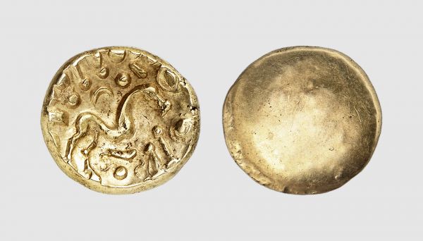 Gallia. Ambiani. 1st century BC. AV Stater (5.73g). Class 5. DT -; LT -. Very rare. Lightly toned. Boldly struck. Choice extremely fine. From a private collection; Jean Elsen 2009 (103) lot 10