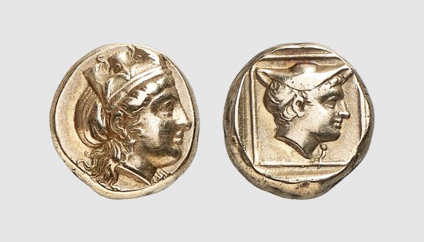 Lesbos. Mytilene. 420-400 BC. EL Hecte (2.48g, 12h). BMC 69; Bodenstedt 75. Lightly toned. Perfectly centered and struck. Choice extremely fine. From a private collection; acquired from Tradart, Brussels, 1989