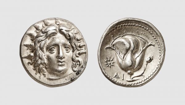 Caria. Rhodus. Circa 250 BC. AR Didrachm (6.75g, 1h). Ashton 204; BMC 50. Lightly toned. Perfectly centered and struck from artistic dies. Choice extremely fine. From a private collection, acquired from Münzen & Medaillen, Basel, 1982