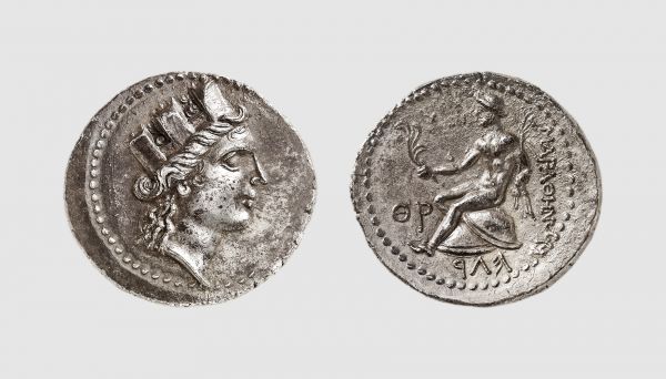 Phoenicia. Marathus. 151-150 BC. AR Tetradrachm (16.67g, 1h). Cohen 841 (this coin); SNG Copenhagen 168. Very rare. Old cabinet tone. Perfectly centered and struck in high relief on a broad flan. Undoubtedly the finest known. Good extremely fine. From a private collection; Bank Leu 1988 (45) lot 26; Bank Leu 1981 (28) lot 203