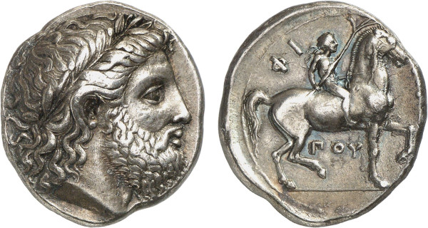 MACEDON, Philip II. Circa 348-342 BC. AR Tetradrachm (14.31g). Pella mint. Head of Zeus right, wearing laurel wreath. Rev. Nude youth, holding palm and rein. Le Rider 165. MAST 96 (this coin). Old cabinet tone. Choice extremely fine. Frank Sternberg 1988 (21) lot 73