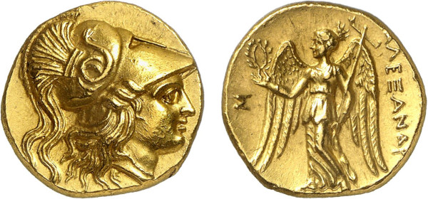 MACEDON, Alexander III. Circa 316-315 BC. AV Stater (8.56g). Sidon mint. Head of Athena right, wearing Corinthian helmet adorned with serpent. Rev. Nike standing left, holding wreath and stylis. Price 3503b. Superb extremely fine.
