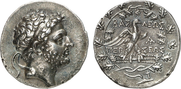 MACEDON, Perseus. Circa 173-171 BC. AR Tetradrachm (15.36g). Amphipolis mint. Diademed head right. Rev. Eagle standing right on thunderbolt within oak wreath. Mamroth 24. Old cabinet tone. Choice extremely fine. Acquired privately from Tradart