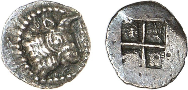 MACEDON, Akanthos. Circa 470-390 BC. AR Hemiobol (0.43g). Head of bull right. Rev. Quadripartite incuse square. SNG Lockett 1291; SNG Copenhagen 9. Old cabinet tone. Extremely fine. Privately acquired from Tradart