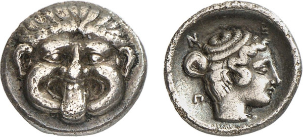 MACEDON, Neapolis. Circa 400-360 BC. AR Hemidrachm (1.82g). Facing gorgoneion with protruding tongue. Rev. Head of nymph right. AMNG 12; SNG ANS 430. Attractively toned. Good very fine. Privately acquired from Tradart