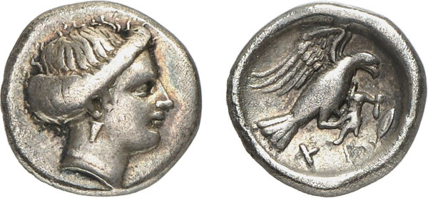 EUBOIA, Chalkis. Circa 338-308 BC. AR Hemidrachm (1.76g). Head of the nymph Chalkis right. Rev. Eagle flying right, carrying serpent in talons; laurel leaf below. Picard pl. 4 (this coin); BCD 130. Attractively toned. Good very fine. Former Clarence Sweet Bement (1843-1923) collection