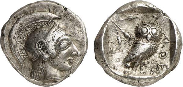 ATTICA, Athens. Circa 500-485 BC. AR Tetradrachm (17.30g). Head of Athena right, wearing round earring and crested Attic helmet decorated with small spiral on the bowl. Rev. Owl standing right, head facing; olive sprig to left. Asyut Group IV; HGC 1590; Lightly toned. Lightly toned. Choice extremely fine