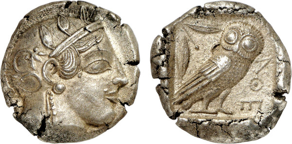 ATTICA, Athens. Circa 460-455 BC. AR Tetradrachm (16.78g). Transitional type. Head of Athena right, wearing crested Attic helmet decorated with three olive leaves and a spiral palmette on the bowl. Rev. Owl standing right, head facing, split tail feathers; olive sprig and crescent to left. Starr 130; Dewing 1859. Lightly toned. Minor crystallization, otherwise, choice extremely fine