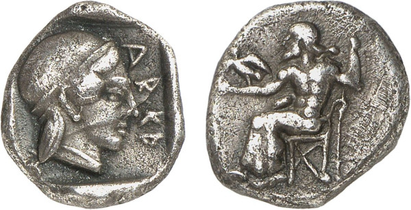 ARKADIA, Arkadian League. Circa 450-440 BC. AR Hemidrachm (2.86g). Mantinea mint. Zeus Lykaios seated left, holding scepter; eagle flying left from his hand. Rev. Head of Kallisto right, wearing tainia, within incuse square. Williams 278b ( this coin). BCD -. Lightly toned. Good very fine. Former Ioannis Photiades Pasha (1820-1892), Gustav Philipsen (1853-1925) and Basil Demetriadi collections