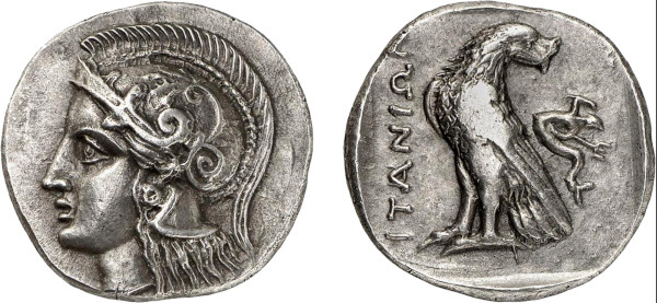 CRETE. Itanos. Circa 300-280 BC. AR Stater (10.60g). Helmeted head of Athena left. Rev. Eagle standing left, head right; Triton right, holding trident. Svoronos 35; Le Rider pl. 8, 15. Lightly toned. Extremely fine. Gerhard Hirsch 2016 (319) lot 166