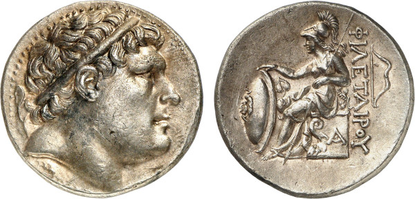 MYSIA, Eumenes. Circa 263-250 BC. AR Tetradrachm (16.97g). Pergamon mint. Laureate head of Philetairos right. Rev. Athena enthroned left, holding shield and spear. SNG France 1606; SNG von Aulock 1355. Lightly toned. Good extremely fine
