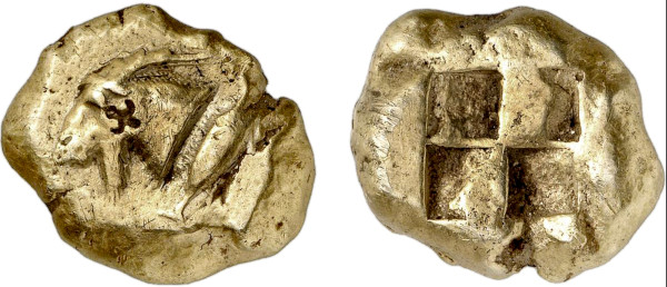 MYSIA, Kyzikos. 5th century BC. EL Stater (16.14g). Head of a goat left with long beard; tunny behind. Rev. Quadripartite incuse square. Von Fritze 48. SNG France 186. Very fine. Jean Elsen 2008 (95) lot 47