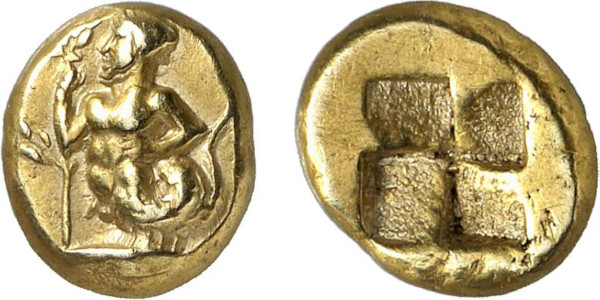 MYSIA, Kyzikos. 5th century BC. El Hekte (2.63g). Kekrops left on tunny, holding branch. Rev. Quadripartite incuse square. Von Fritze 158; SNG France 306. Extremely fine. Nomos 2015 (11) lot 104