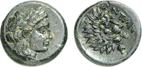 TROAS, Antandros, 4th century BC. Æ (5.17g). Laureate head of Apollo right. Rev. Head of lion right. BMC 3. Dark green patina. Extremely fine. Tradart 1992 (2) lot 99