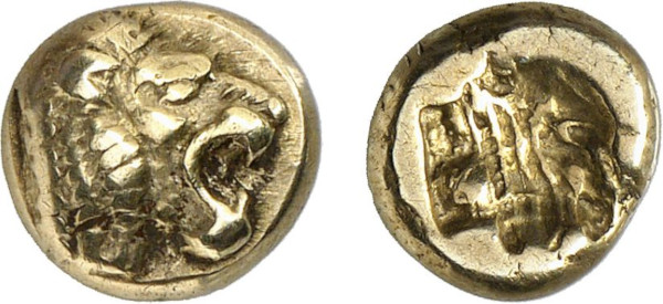 LESBOS, Mytilene. Circa 521-478 BC. EL Hekte (2.56g). Head of roaring lion right. Rev. Incuse head of calf right. Bodenstedt 13; SNG von Aulock 7722. Good very fine
