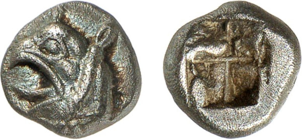 IONIA, Phokaia. Circa 521-478 BC. AR Hemihekte (1.58g). Head of griffin left. Rev. Incuse square. BMC 82; SNG von Aulock 2116. Old cabinet tone. Extremely fine. Privately acquired from Tradart