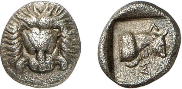 IONIA, Samos. Circa 408-380 BC. AR Obol (0.59g). Facing lion's scalp. Rev. Forepart of ox right. Barron 213, 1. Old cabinet tone. Good very fine. Tradart 1994 (4) lot 89