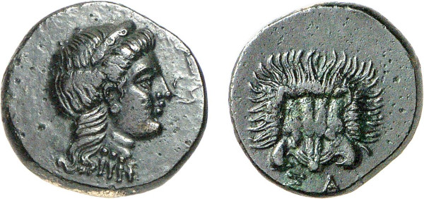 IONIA, Samos. Circa 350 BC. Æ (3.11g). Head of Hera right, wearing stephane and necklace. Rev. Facing lion's scalp. Strauss 491 = Laffaille 160 (this coin). Lovely dark green patina. Extremely fine. Former Maurice Laffaille (1902-1989) collection