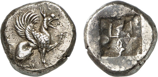 IONIA, Teos. Circa 540-478 BC. AR Drachm (5.85 g). Griffin with curled wings seated right, right forepaw raised. Rev. Quadripartite incuse square. Balcer 43; SNG von Aulock 2255. Lightly toned. Good very fine. Triton 2004 (7) lot 241
