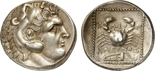 CARIA, Kos. Circa 285-258 BC. AR Tetradrachm (14.78g). Bearded head of Herakles right, wearing lion skin. Rev. Crab; bow-in-bowcase below. Requier 38. SNG von Aulock 2753. Lightly toned. Good extremely fine